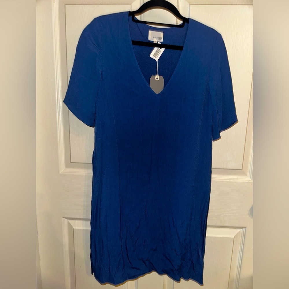 NWT Wilfred Free Aritzia women’s blue back tie short sleeve mini dress XS spring